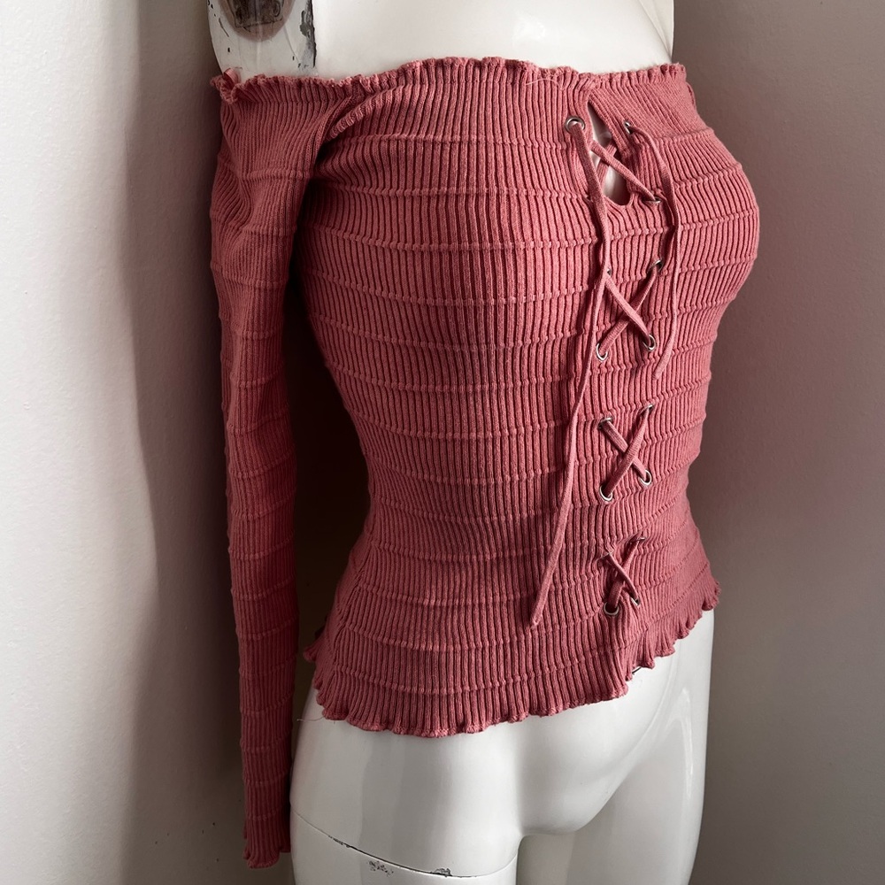 Pink ribbed corset sweater top with lace up detail size s